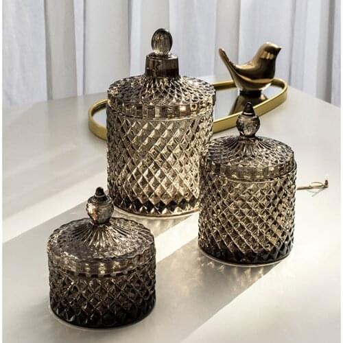 Dark Grey Crystal Glass Storage Jar With Cover Canned 600ML Diamond Cans Sugar Cotton Swab Box Household Organizer Decoration