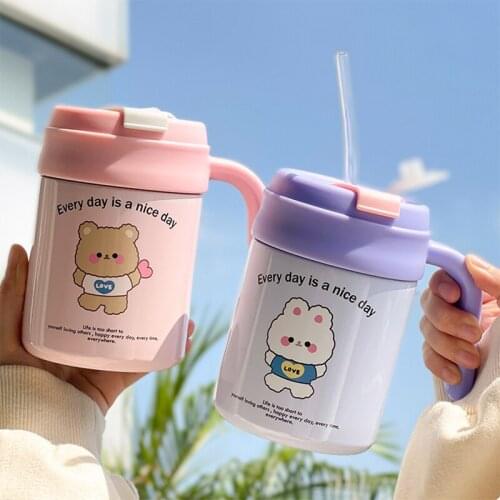 Kawaii Bear Thermos Cute Cartoon Hot Water Bottle with Lid Handle Double Vacuum Construction Strong Durable Milky Coffee Cup