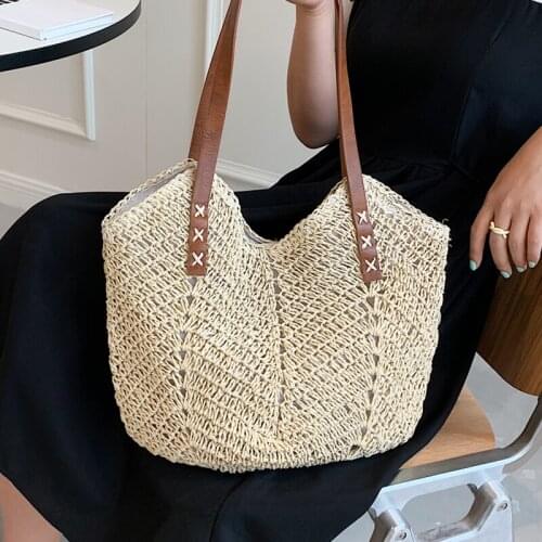 Big Straw Tote Bags for Women 2021 Summer Beach Travel Shoulder Bag Roomy Rattan Weave Handbag Female Large Soft Wicker Hobo Bag