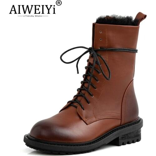 AIWEIYi Real Leather Women martin Boots Thick Sole Warm Fur Winter Shoes Woman Platform Shoes Plush Short Boots Footwear