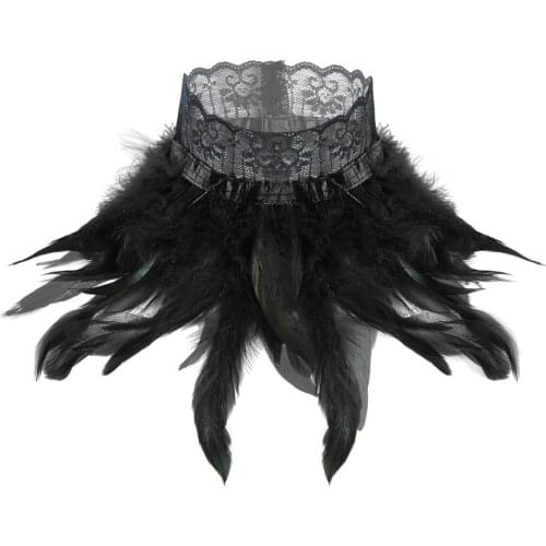 Womens Vintage Gothic Victorian Fake Collar Sexy Feather Lace Choker Neck Masquerade Party Cosplay Punk Neck Wrap Collar Costume