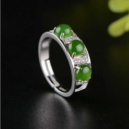 Natural authentic and Tian Biyu female 925 silver inlay ring mouth three personality jade jade ring