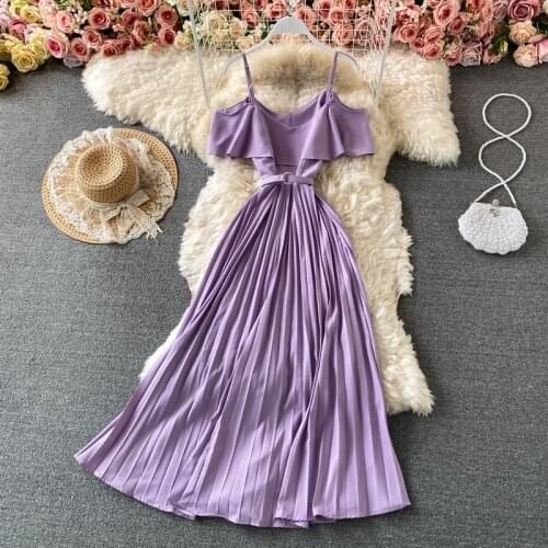 Summer Lotus Leaf Off-shoulder Sling Pleated Vestidos Womens Elegant Temperament Waist Slimming Midi Dress GK660