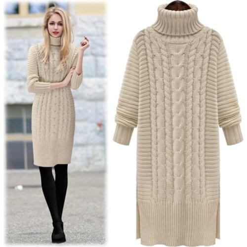 Winter New Turtleneck Sweater Dress Women Loose Pullovers Thick Twist lines Long Warm Knitted Bottoming Shirt Female Jumpers