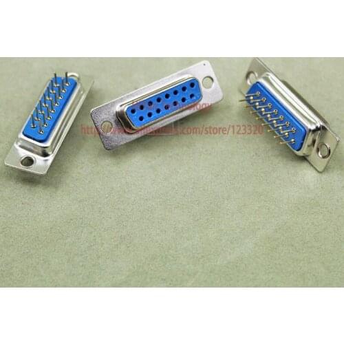 10pcs/lot) DB15 DP15 2Rows Blue Parallel Port 15Pin D Sub Female 15 Way PCB Type 180 Degree Connector Socket Plug VGA Adapter