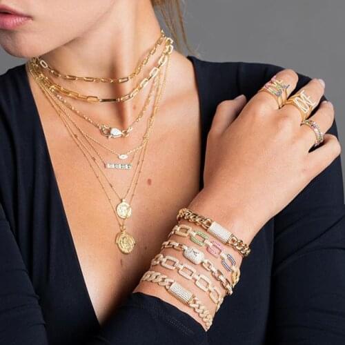 2021 Gold filled square link chain iced out bling micro pave cz women fashion charm 45cm Modern simple Chain Necklaces jewelry