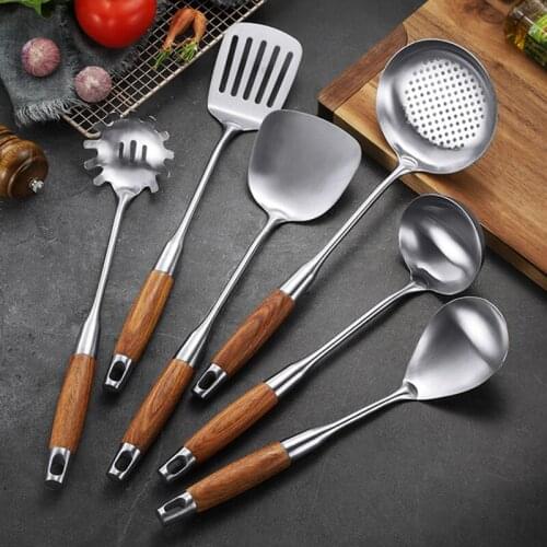 6Pcs/Set Wood Handle 304 Stainless Steel Cooking Tool Sets Spoon Turner Pasta Server Kitchenware Utensil Accessory Cookware