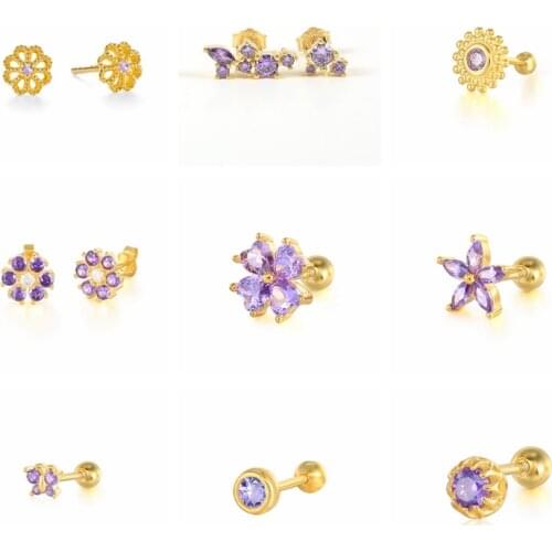 AIDE 1pcs Purple Flower 925 Sterling Silver Earrings For Women Stud Earrings Ear Piercing Pendientes Girls Gift 2021 Trend CZ