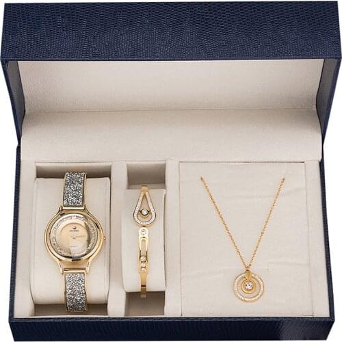 Fashion Womens Watches Gift Box Set Elegant Women Watch Bracelet Necklace Sets Ladies Luxury Diamond Quartz Wristwatches Gifts