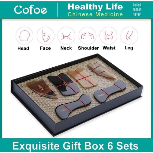 Cofoe 6pcs Guasha Horn Board Comb Scraper Set Skin Facial Head Body Anti-wrinkle Massage Slimming Massager Tool Chinese therapy