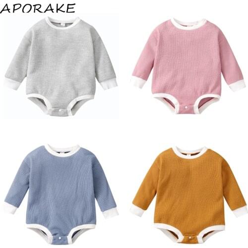 2021 0-24M Infant Baby Fall Romper Boys Girls Patch Long Sleeve Crew Neck Color Block Knit Playsuit Cotton Clothes Outfit
