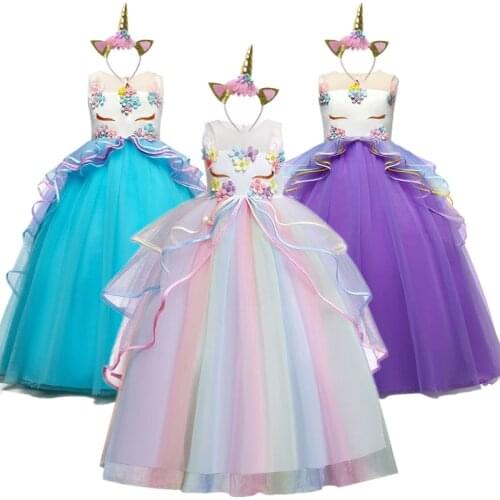 Birthday Unicorn Princess Party Dresses Appliques Elegant Wedding Gown Children Clothing Kids Dresses for Girls for 4 to 10 Yrs