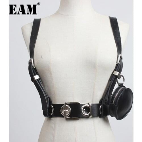 [EAM] Black Pu Leather Bag Pu Leather Long Belt Personality Women New Fashion Tide All-match Spring Autumn 2021 1DD3295