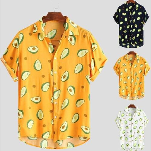 Hawaiian Shirt Mens Funny Avocado Print Short-sleeved Lapel Short-sleeved Casual Shirt Fresh Streetwear Beach Shirt Top