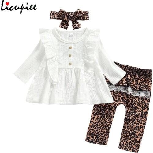 0-24 Months Bayb Girl Clothing Sets Baby Girl 3pcs Fall Clothes Long Sleeve Button Ruffle Tops + Leopard Pants + Headband Set