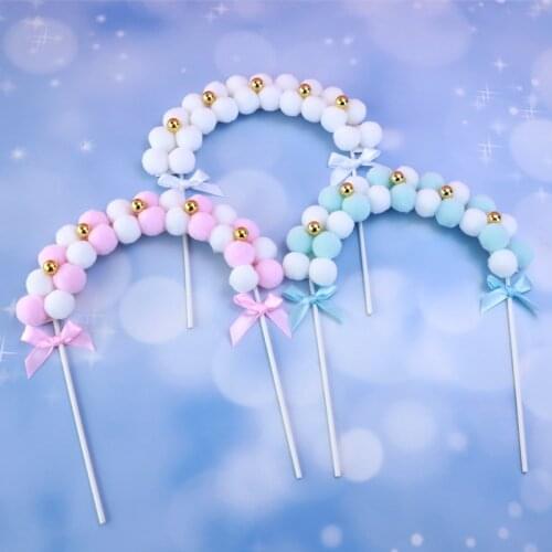Lovely Pompon Pink Blue Arch wedding Cake Topper Happy Birthday Party Cake Top Flags Wedding/Baby shower cake topper decoration