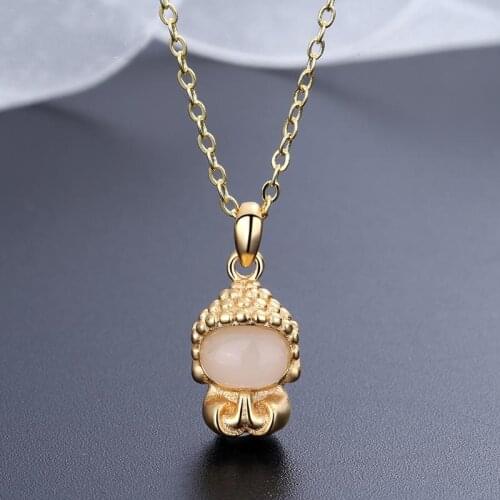 Fashion New Retro Imitation Hetian Biyu Sand Gold Buddha Pendant Female Faceless Buddha Necklace White Jade Jewelry Gift