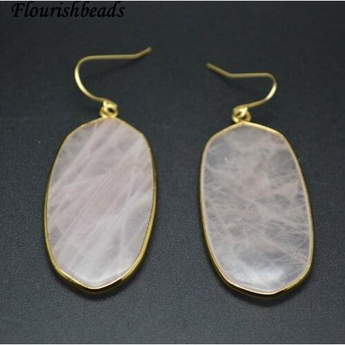 Fashion Woman Party Jewelry Natural Rose Quartz Square Slab Dangle Earrings