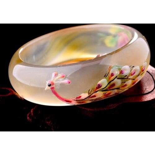 New Bangle 100% Natural White Jadeite Painting Peacock Bangle 56mm