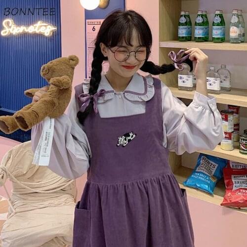 Sleeveless Dress Women Students BF Corduroy Charm Fashion Cartoon Cute Lovely Autumn Teens Purple Japanese Style Harajuku Kawaii