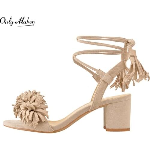 Onlymaker Ankle Strap Sandals Fringe Lace-up Faux Suede Shoes Floral Round Open Toe High Heels