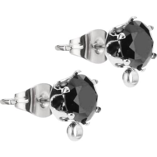 50pcs/lot Cubic Zircon Ear Post With Loop 6mm Stainless Steel Earring Findings for DIY Earring Making Hypoallergenic