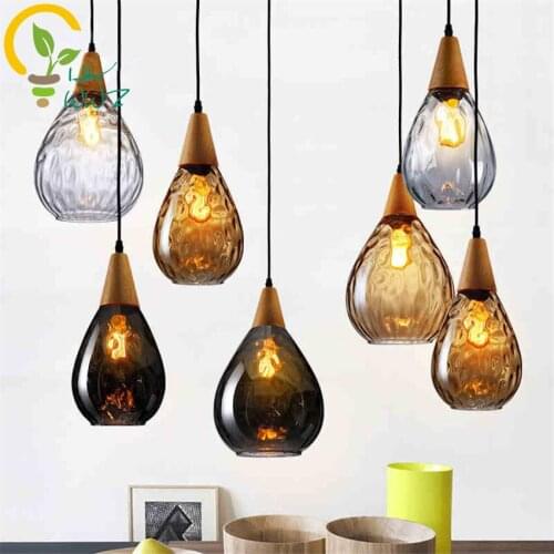 3 Colours Nordic Tears Home Lighting Retro Glass Pendant Lamp, Fashion E27 Wood Pendant Lights Restaurant Bar Hanging Lights