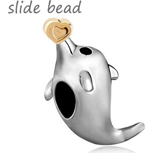 Slide beads Golden Cute Dolphin Holding Heart Charm Bracelet Love Charm Beads fit Pandora charm bracelets