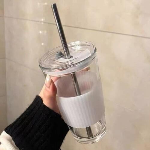 Straw Glass Water Cup with Cover, Lid, Straw Fashion Creative Trend Office Cup Clear Milk Water Bottle