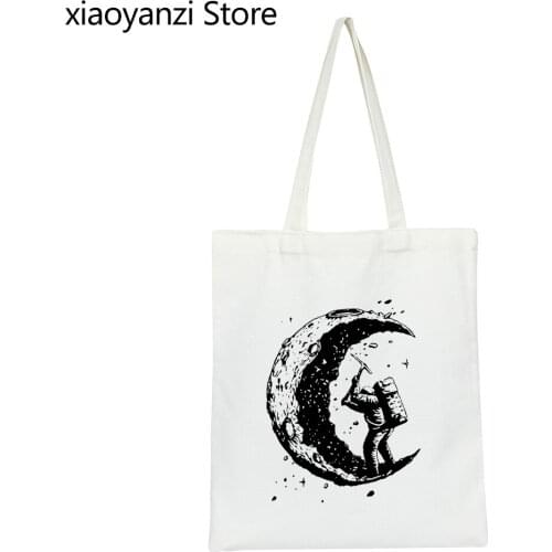 Top Quality fashion digging the moon print Shoulder Bags Women Men Eco Reusable Girls Fashion Handbag Canvas Shopping Bags Totes