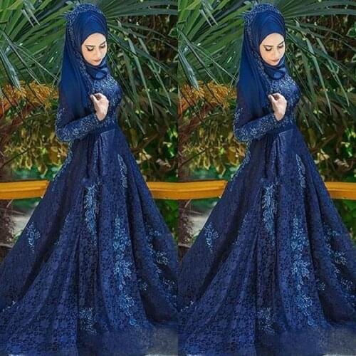Navy Blue Muslim Prom Dresses Long Sleeves Lace Applique Sweep Train Formal Evening Gowns Plus Size robes de soirée