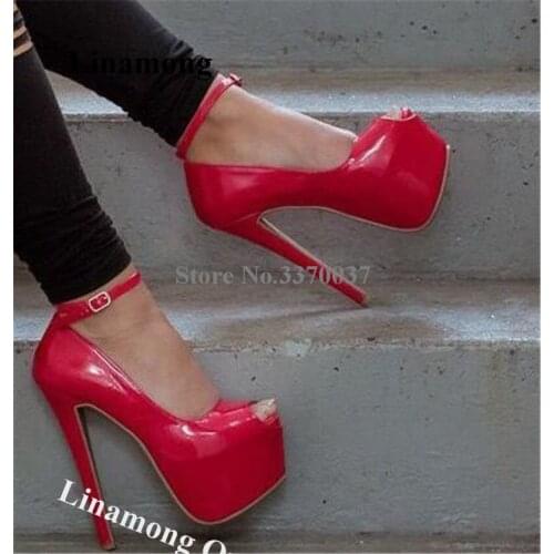 Linamong Fashion Peep Toe Patent Leather High Platform Stiletto Heel Pumps Shining Red Super High Heels Club Dress Shoes