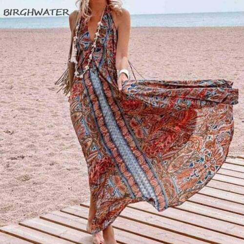 Vintage Floral Print A-Line Boho Dress Women 2021 Halter Blackless Loose Long Dress Summer Sleeveless Maxi Beach Dresses