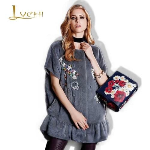 LVCHI Plus Size 2019 Genuine Fur Womens O-Neck Real Fur Coats Women Full Pelt Long Fur Coat Diamonds Half Sleeve Mink Coat