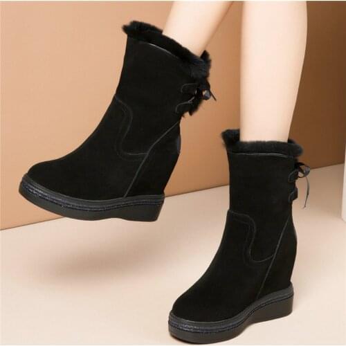Punk Creepers Women Genuine Leather Hidden Wedge High Heel Ankle Boots Female Winter High Top Round Toe Pumps Shoes Casual Shoes