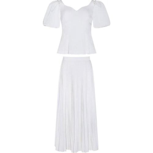 Ladies Office Wear Two Pieces Outfits Suit Set Peplum White Top + Pleated Long Maxi Skirt