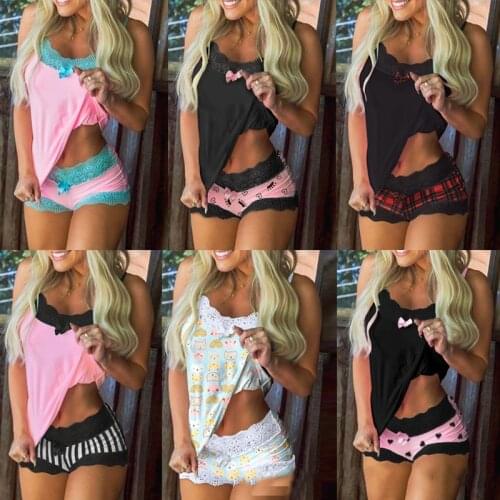 Women Sleepwear Pajamas Set Lace Stithing Sexy V Neck Cami Top and Shorts Fahion Two Pieces Set Ladies Homewear Pijama Mujer