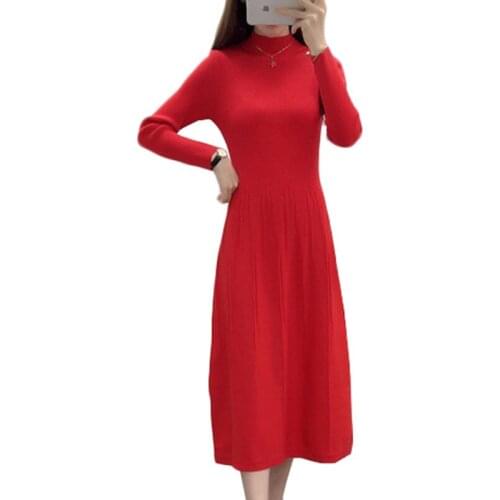 Women Knit Dress 2018 New Autumn Winter Clothes Solid Color Half Turtleneck Slim Stretch Pullover Sweater Long Dress Female 275