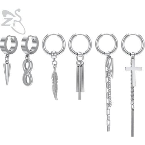 ZS Kpop Style Mens 316L Stainless Steel Hoop Earrings Korean Style Ear Hoops Punk Rock Ear Cricle Earrings with Tassel