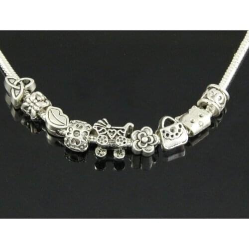 100 Pcs/Lot 10 Style Mix Cat Bag Flower Baby Carriage Charm Beads Vintage Silver Color For European Bracelet Jewelry DIY zyy014