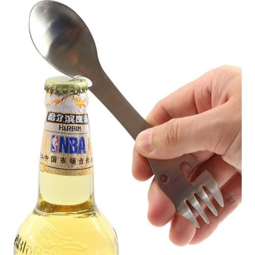 5 in 1 Outdoor Camping Multifunctional Cookware Stainless Steel Spoon Fork Bottle Opener Portable Survival Tool