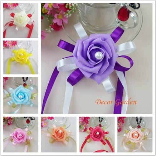 6pcs 10Colors Handmade PU Wedding Dancing Decor Pearl Bride Boutonniere bride bridesmaids wrist corsages bridal wrist bouquetsr