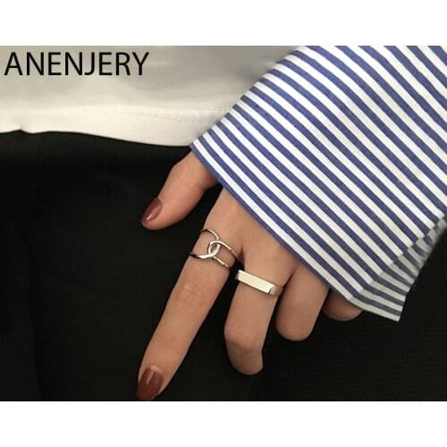 ANENJERY 925 Sterling Silver Fashion Simple Smooth Rectangle Open Finger Ring For Women Men Jewelry Gifts S-R699