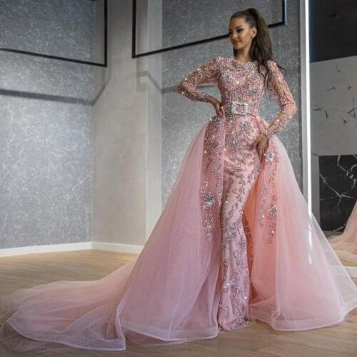Arabic Pink Evening Gowns Mermaid Luxury Beading With Detachable Train Ling Sleeves Custom Made Dubai Prom Long Dresses