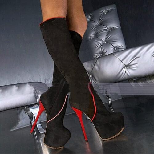 BERZIMER Women Knee High Platform Boots Side Zip Stiletto High Heels Zapatos Suede Denim Bota Mujer Shoes Woman Size 43 44 47 52