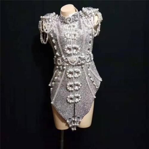 D28 Ballroom Sparkly Silver Gray Pearls Crystals Outfit Dance Wear Party Costume Stage Club dresses Singer performance Clothe dj