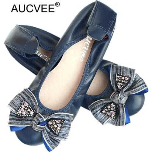 Plus Size 34-44 Bow Ballet Flat Shoes Women Rhinestone Round Toe Flats Ladies Shoes Loafers Luxury Genuine Leather Women Shoes
