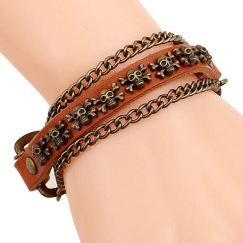 Vintage Gothic Punk Skull Chain Bracelet Skeleton Charm Brown Genuine Leather Bangle Wrap Wristbands Retro Jewelry for Men Women