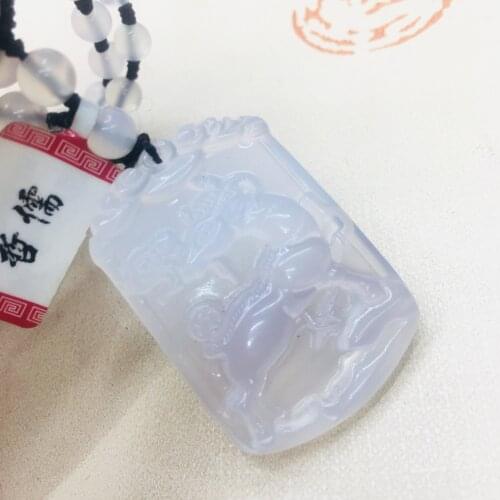 Pure natural ice bottom chalcedony jade hand-carved white zodiac sheep pendant with tri-color bead necklace sweater chain