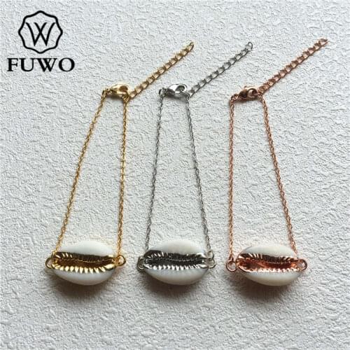 FUWO Fashion Cowrie Bracelet With 24K Gold Filled Brass Seashell Bracelet Female Elegant Cuff Bohemian Jewelry Wholesale BR505